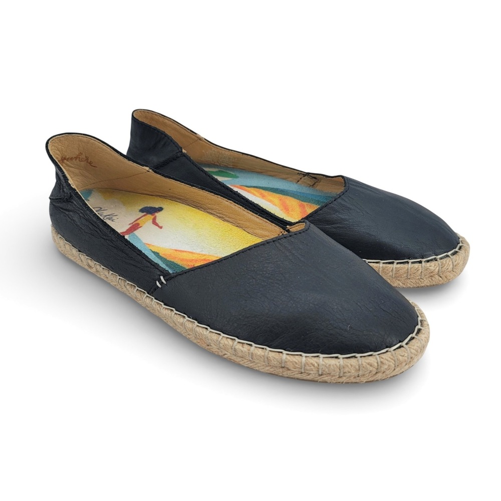 OluKai Kaula Paa Ili Flats Women 7 Black Leather Espadrille Coastal Comfort
